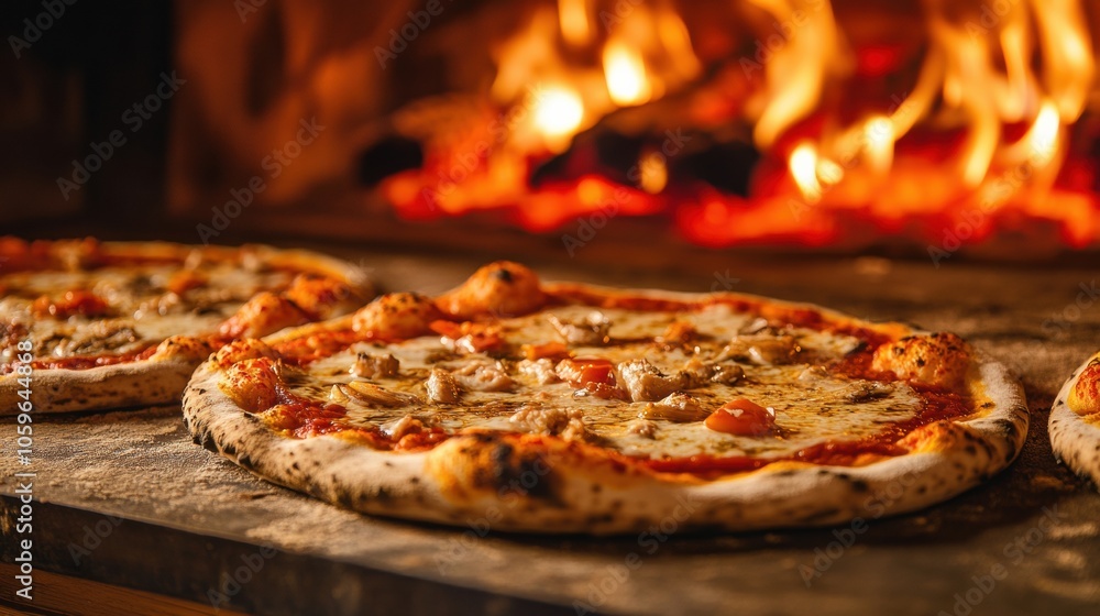 Aufkleber fresh pizzas bake in a wood-fired oven, with golden crusts and bubbling cheese, creating an inviting