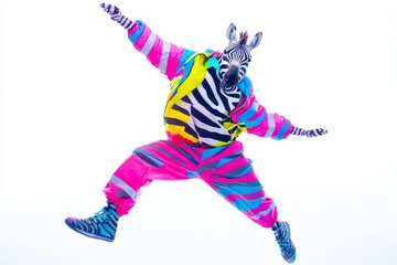 Vibrant portrait of a joyful break dancing zebra in neon costume, mid air against a white background isolated