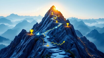 A digital mountain peak with icons of trophies, financial graphs, and handshake symbols along the path, representing reaching the summit of business success.