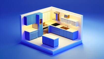 Fototapeta premium A modern kitchen design rendered in a minimalist, colorful style.