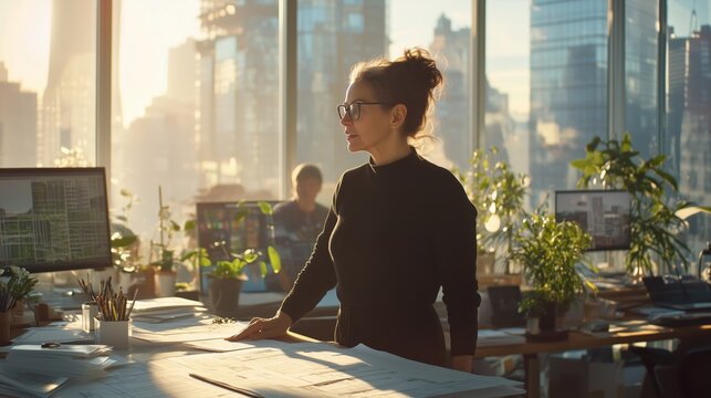 An architect in a modern office discusses projects with her diverse team, inspired by the city skyline.