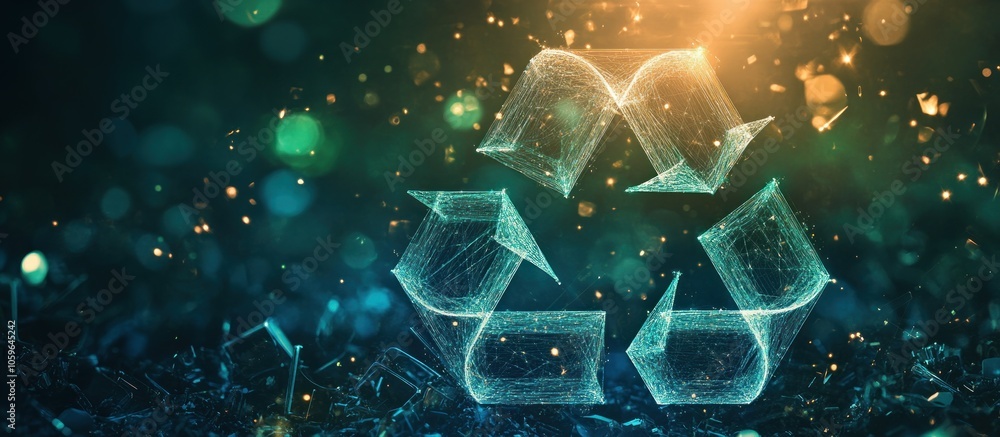 Poster abstract recycle symbol composed of lines and dots, set against a dark background with green and yel