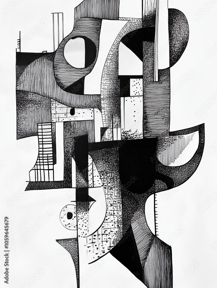 Poster dynamic abstract lines and shapes create an urban landscape in black ink, illustrating a unique blen