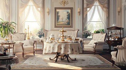 Craft a long shot of a traditional afternoon tea setup in an elegant victorian parlor. Victorian Tea Party. Illustration
