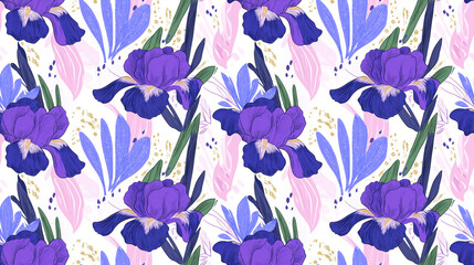 Seamless pattern featuring a vibrant purple iris collage with hand drawn line art and watercolor doodle elements on a clean white background