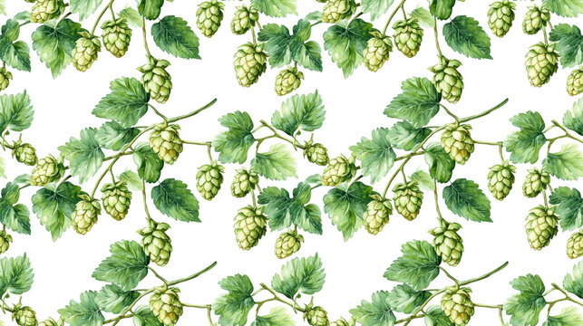 Seamless watercolor pattern featuring hand drawn green branches and leaves with hops perfect for custom compositions