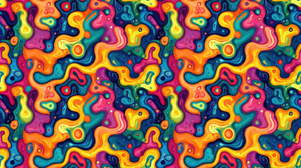 Fototapeta premium Colorful psychedelic seamless pattern featuring interwoven curved shapes vibrant design for wallpapers and fabric
