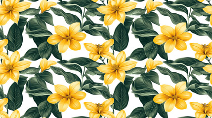 Obraz premium Seamless pattern of ylang ylang yellow tropical flowers and lush green leaves on a clean white background perfect for fabric design and home decor