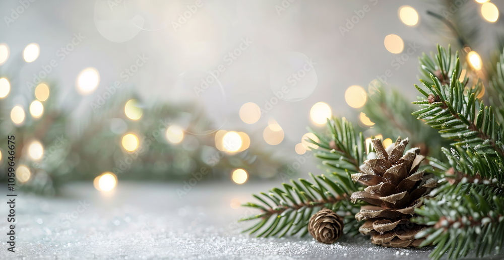 Poster a christmas background with pine branches and lights, with space for copy text. the composition is o