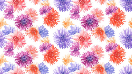 Seamless abstract floral pattern featuring vibrant watercolor aster bouquet ideal for fabric design or home decor