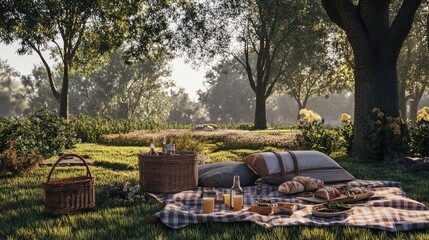 A picturesque picnic set up under the shade of trees, complete with a wicker basket, checkered blanket, and a bounty of food.