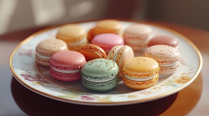 Fototapeta premium A plate of colorful macarons arranged in a circle, ready to be enjoyed.