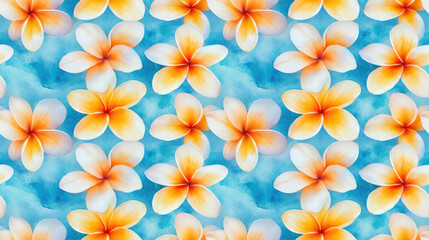 Obraz premium Seamless pattern of vibrant plumeria flowers against a blue watercolor backdrop ideal for summer themed designs