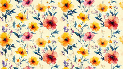Fototapeta premium Seamless pattern of watercolor flowers in shades of yellow orange pink and lilac on a light yellow background ideal for fabric and wrapping paper