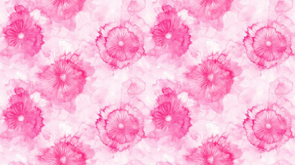 Obraz premium Seamless pattern showcasing pink watercolor textures with a kaleidoscope effect featuring pastel shibori and tie dye swirls perfect for creative design projects