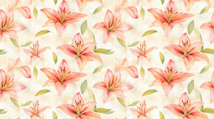 Fototapeta premium Seamless watercolor pattern featuring vibrant lilies on a soft background perfect for fabric design and home decor