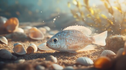 A lone fish swims through a bed of seashells on the ocean floor.