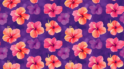 Fototapeta premium Soft watercolor hibiscus flower pattern on a vibrant purple background ideal for fabric design and wallpapers