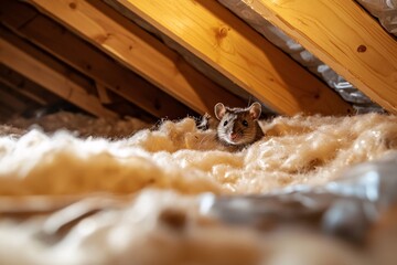A rat burrowing into fiberglass insulation in an attic, highlighting potential damage and the need for rodent control 1