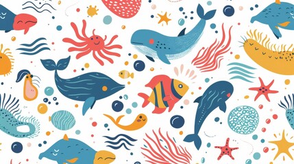 Playful Ocean Creatures Pattern with Whales, Fish, and Sea Life for Kids' Design