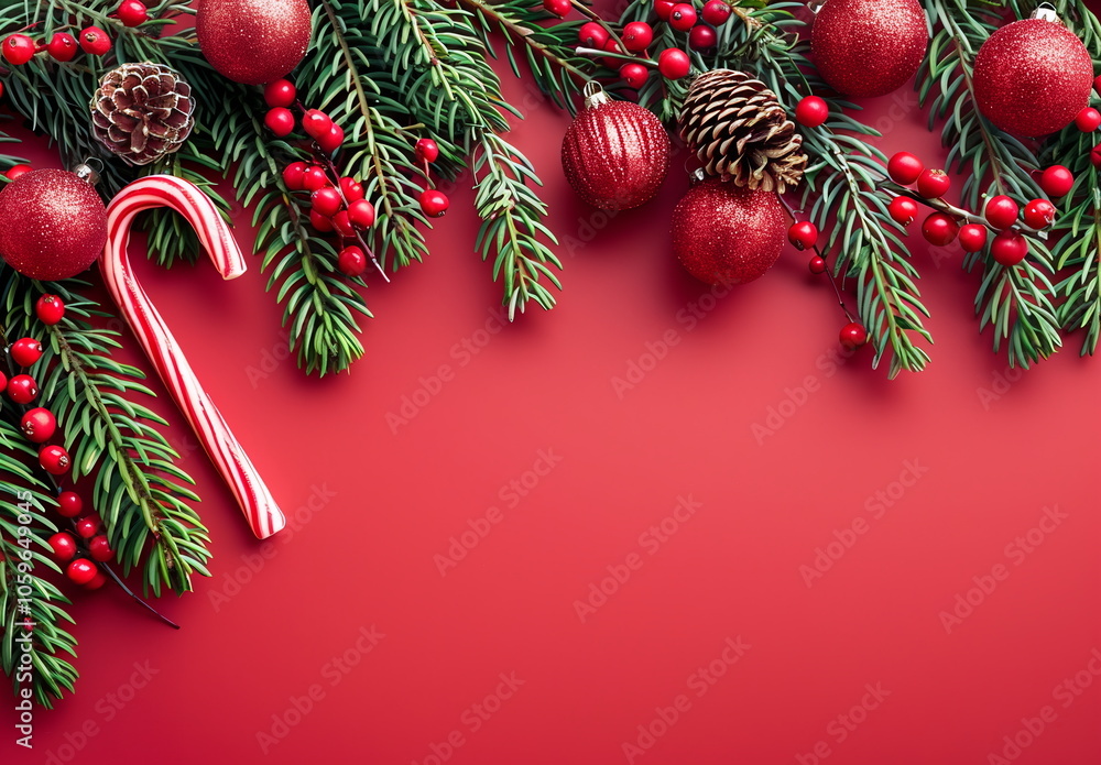 Poster christmas background with candy cane, fir branches and red ornaments on the left side border of empt
