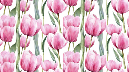 Fototapeta premium Seamless watercolor pattern of pink tulip flowers perfect for fabric design background applications and decorative framing