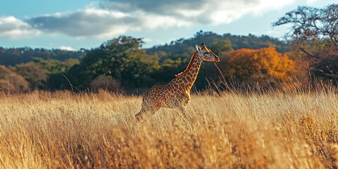 Fototapeta premium Giraffe Calf in African Savanna: A young giraffe gracefully strides through tall savanna grass under a dramatic sky. The image evokes a sense of wild beauty and the untamed spirit of Africa. 