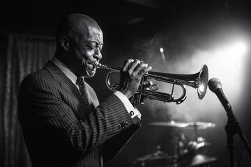 A jazz trumpeter in a sharp suit, playing passionately on stage in a 1920s speakeasy, spotlight on him, smoky atmosphere, medium close-up 1