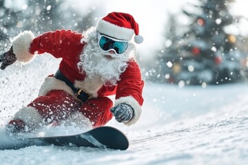 Santa Claus energetically snowboarding through a snowy landscape, combining holiday cheer with thrilling outdoor sports, creating a unique festive adventure scene.
