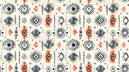 Seamless ethnic pattern featuring tribal ornaments and light watercolor designs with gray dots perfect for home decor and fabric applications