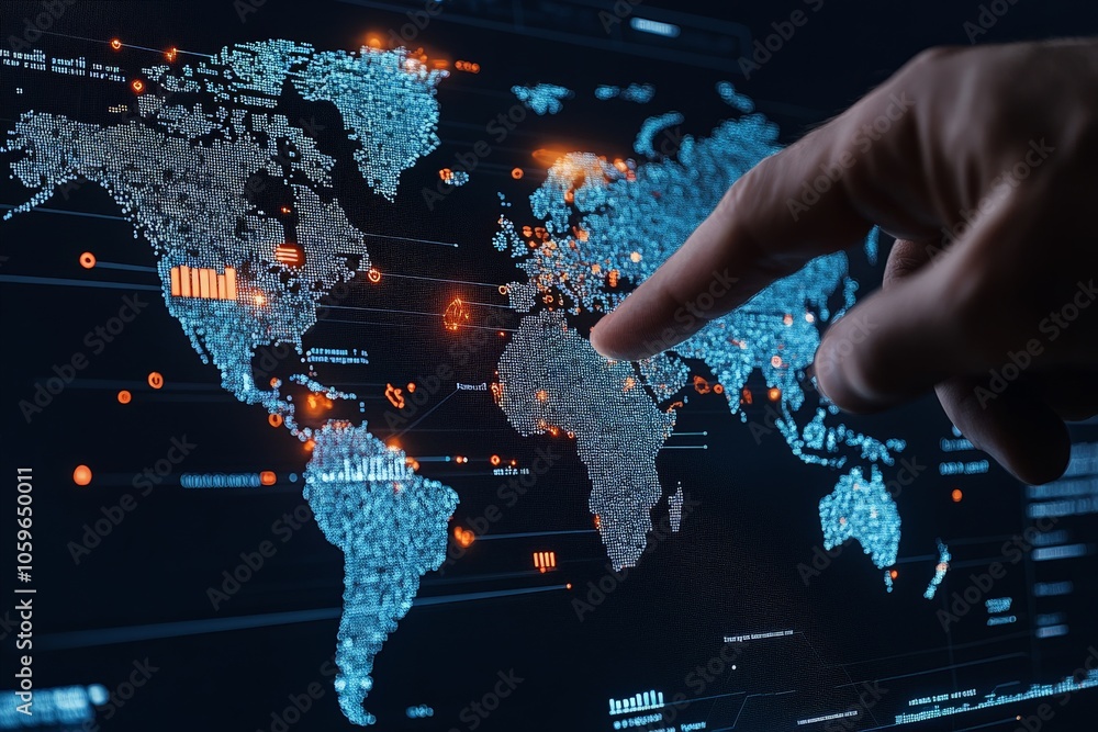 Poster a hand pointing to highlighted locations on a digital world map, representing the influence of techn