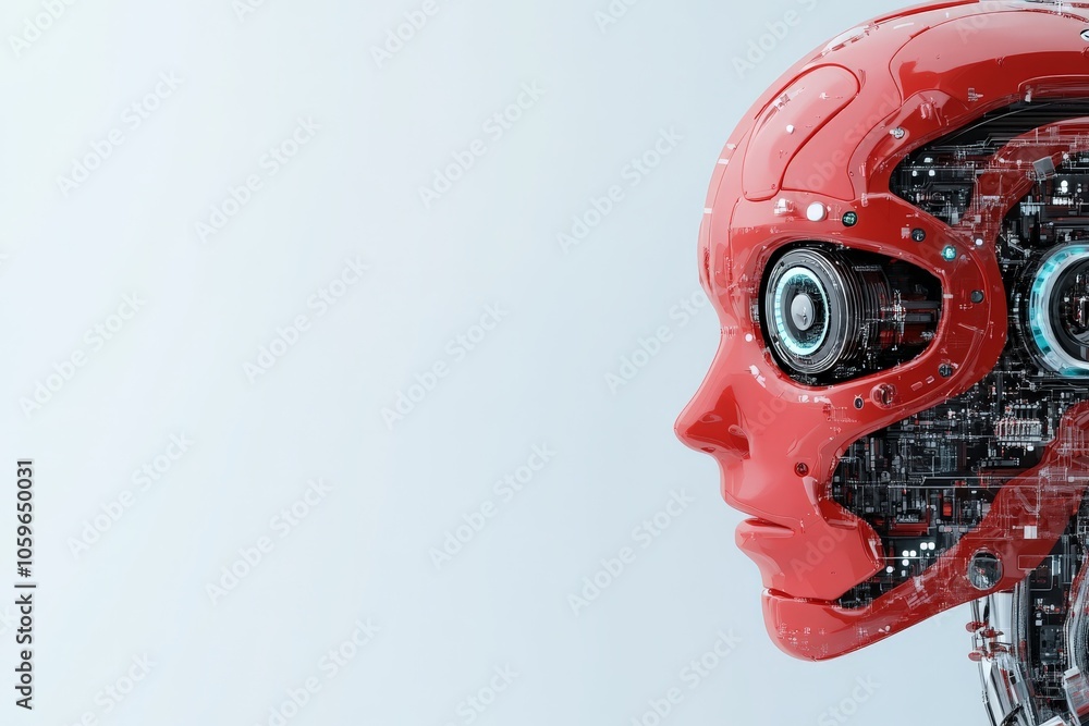 Poster a striking red robot head reveals detailed mechanical components, representing advanced technology a