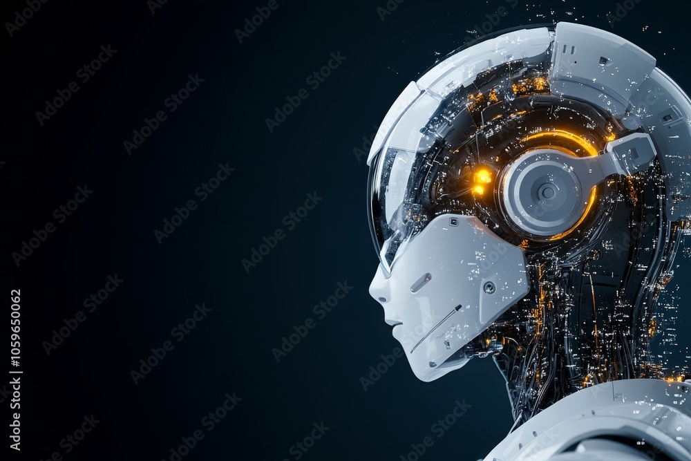 Poster this image showcases a white robotic head with exposed inner workings, highlighting the complexity a