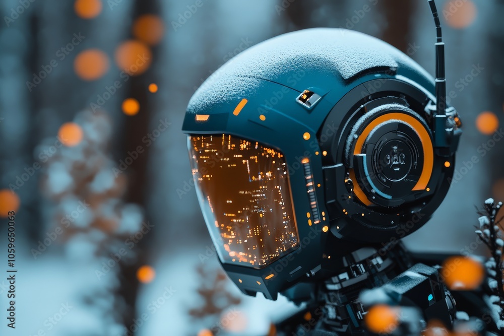Poster this image showcases a futuristic robot wearing a high-tech helmet with glowing circuitry, set again