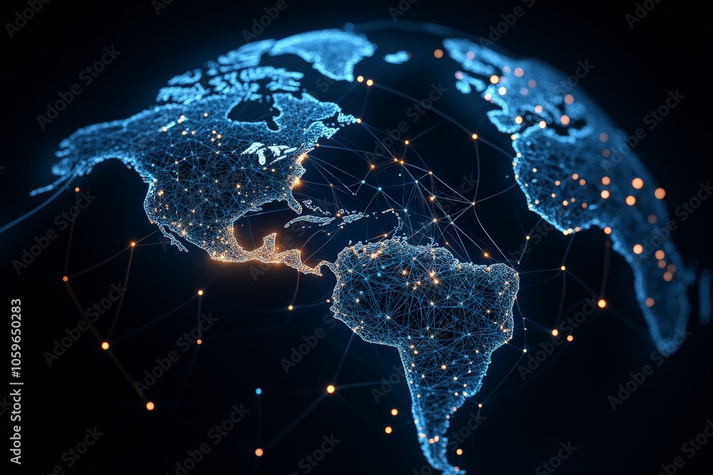 Poster an artistic representation of continents linked by light networks demonstrates the concept of global