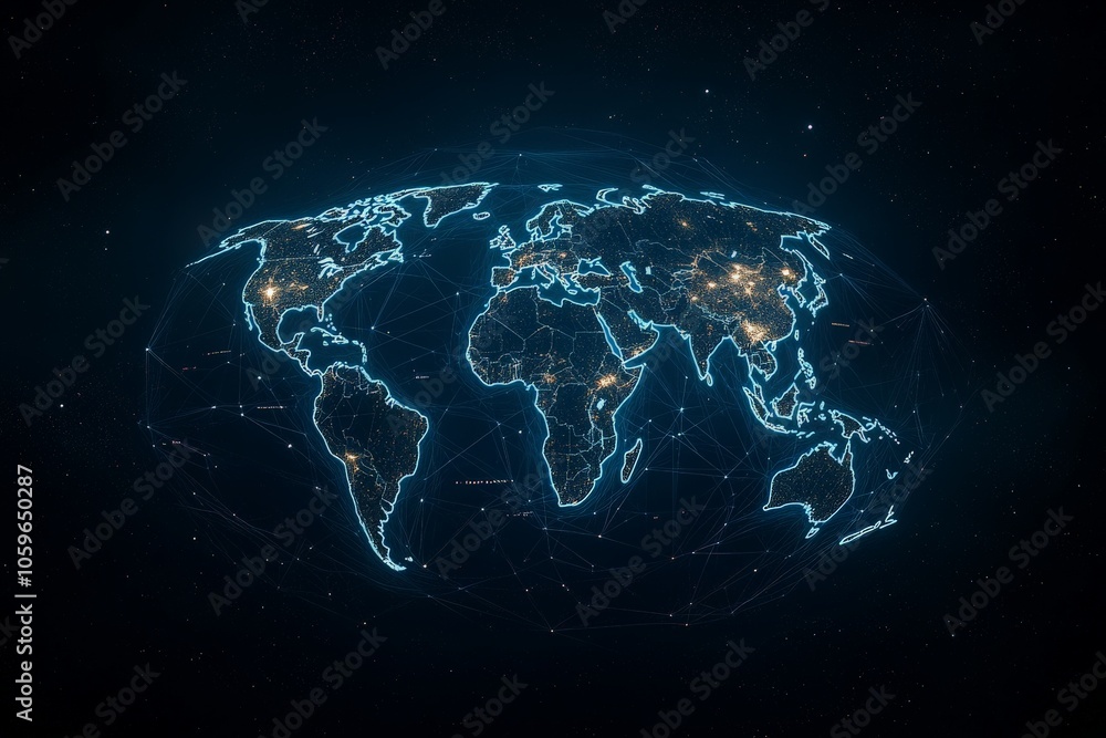 Poster an illuminated world map with data points and interconnecting lines represents the flow of informati