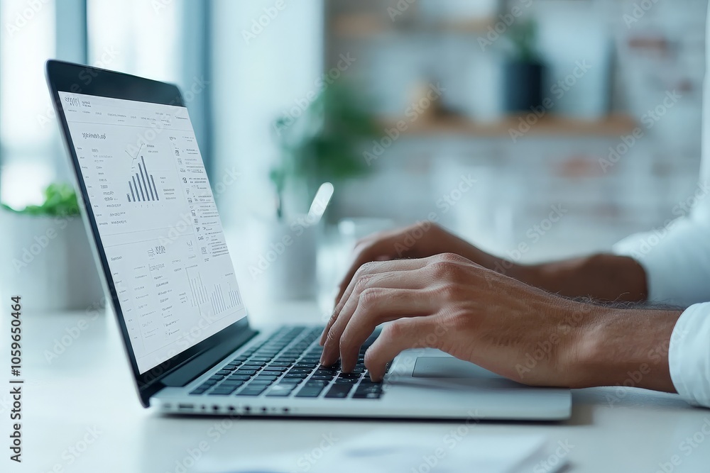 Poster an individual is typing on a laptop with statistical data displayed, highlighting themes of informat