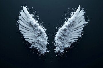 Fototapeta premium A pair of white wings delicately shaped out of powder, set against a dark background, conveying themes of lightness and transformation in an abstract style.