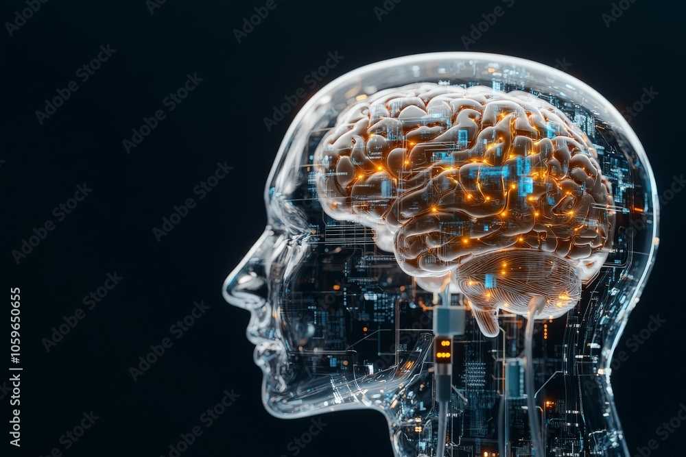Poster side view of an illuminated brain in a translucent head, representing the fusion of technology and h