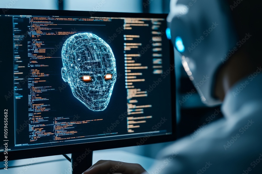 Poster a sophisticated computer interface displaying a digital head, symbolizing the integration of artific
