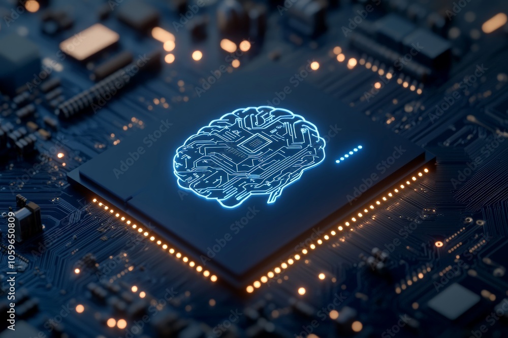 Poster an artistic depiction of a microchip designed to resemble a brain, positioned on an advanced circuit