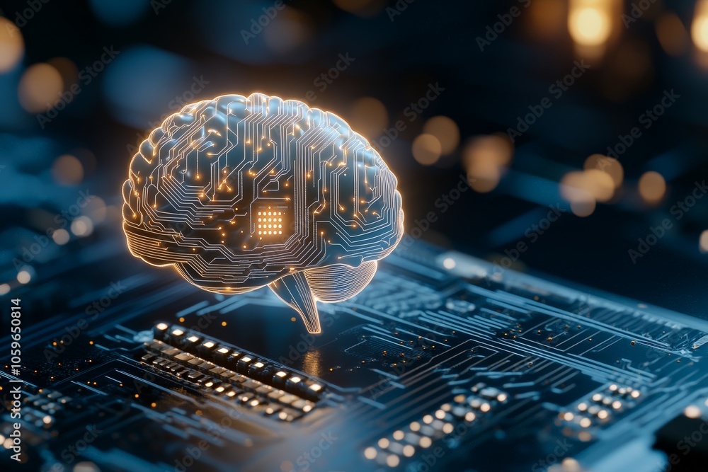 Poster a glowing digital brain is set against a backdrop of a futuristic circuit board, illustrating the dy