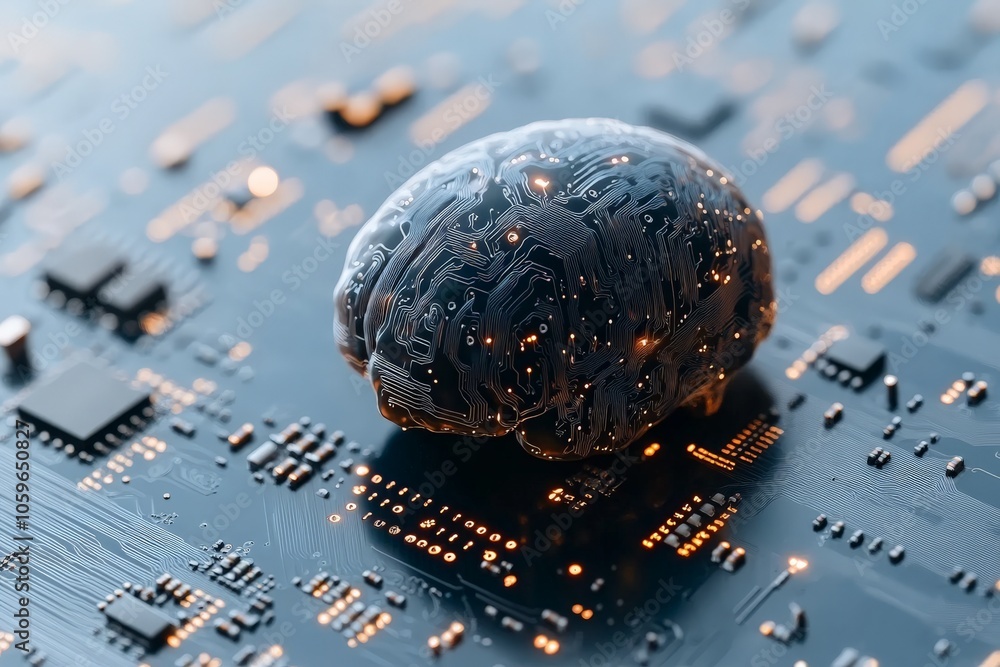 Poster a softly glowing brain rests on a complex tech board, capturing the essence of cutting-edge innovati