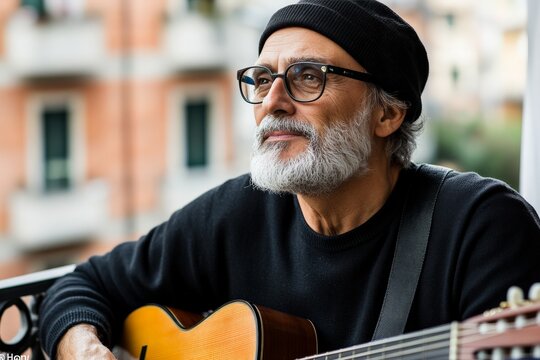 An older man with a guitar sits thoughtfully, gazing into the distance, conveying a sense of nostalgia and wisdom, while capturing a peaceful musical moment.