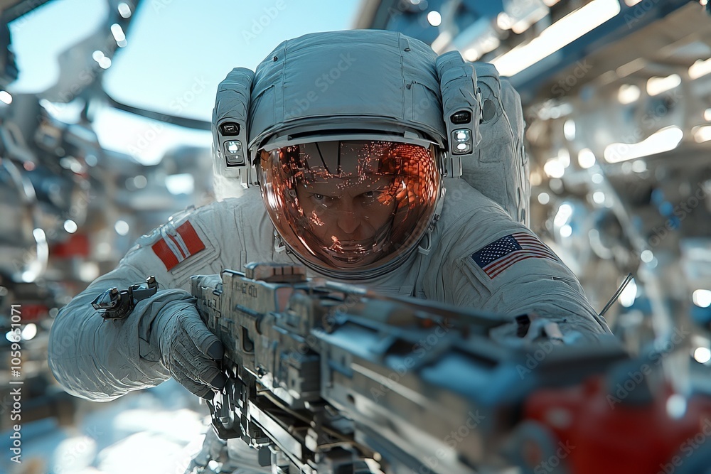 Poster a focused astronaut in a space suit aboard a spacecraft, holding an advanced tool, showcasing explor