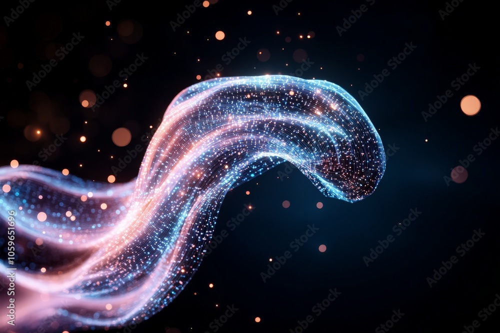Poster this image showcases an abstract digital wave composed of glowing particles moving in a fluid motion