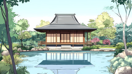 Obraz premium Symmetry in japanese pavilions and tea garden structures, analyze the symmetrical layout of traditional pavilions and structures in japanese tea gardens. Traditional Japanese Garden. Illustration