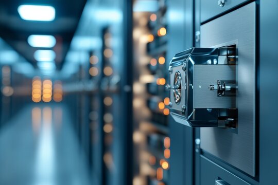 A close-up of a secure vault door, emphasized by glowing lights, illustrating themes of protection and cutting-edge technology in a sophisticated data center.