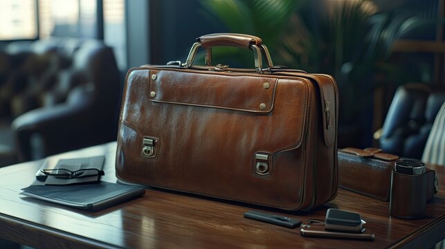 A brown leather briefcase sits on a wooden desk with other accessories. - Powered by Adobe
