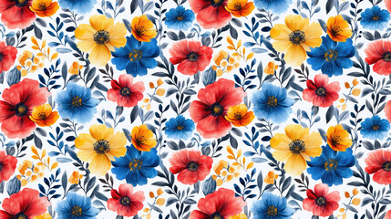 Fototapeta premium Colorful seamless pattern featuring a variety of watercolor flowers on a white background ideal for fabric design and home decor